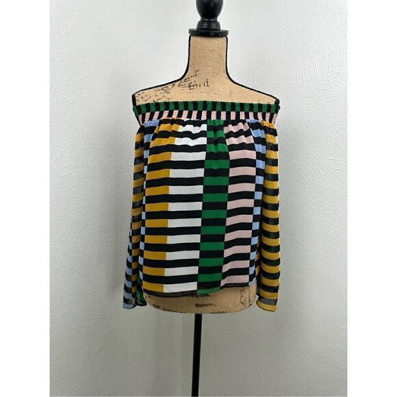 Bar Iii Women’s Multi-Colors Off-the-Shoulder Bell-Sleeve Blouse Size Small - Picture 1 of 12